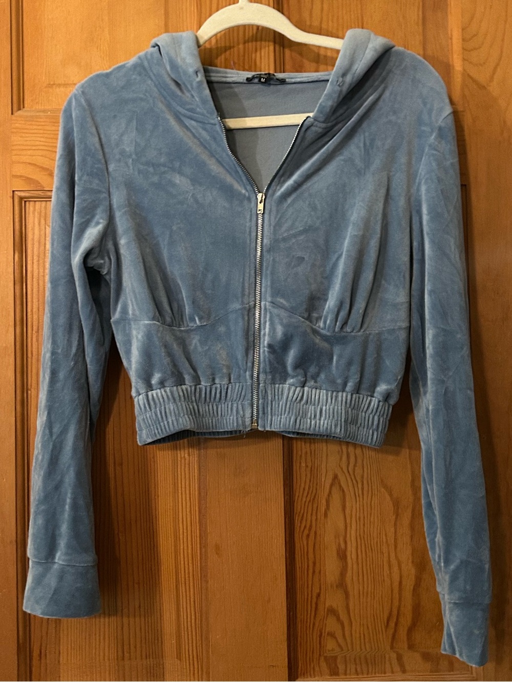 iris Cropped Light Blue Velour Zip Hoodie Jacket